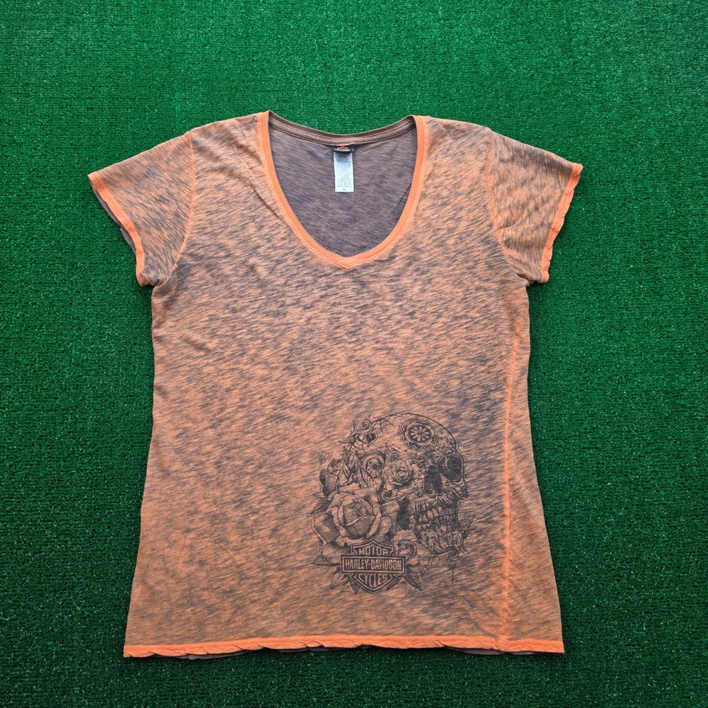 Harley Davidson Tshirt Womens XL Acid Orange V-Neck Gateway Missouri Sugar Skull